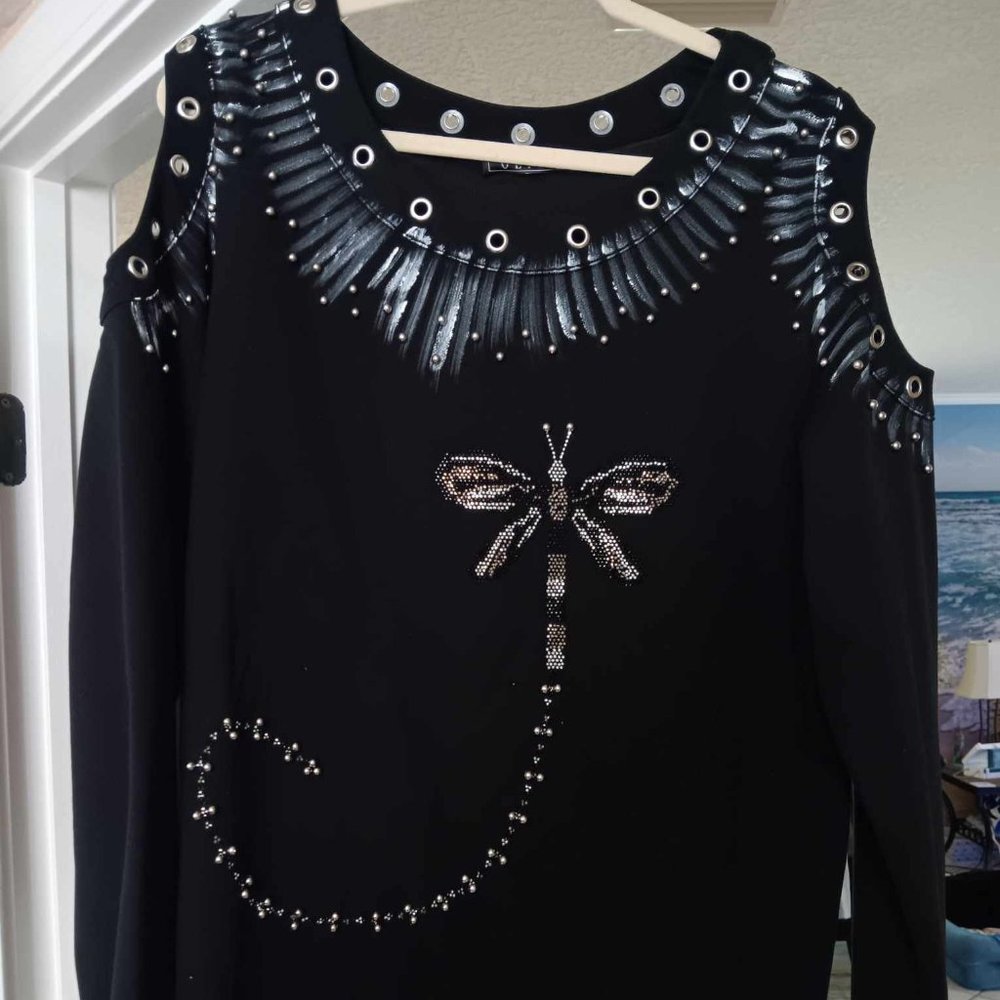 Black and Silver Resort Wear or Casual Set with silver  Dragonfly Inlay T-XL B-L